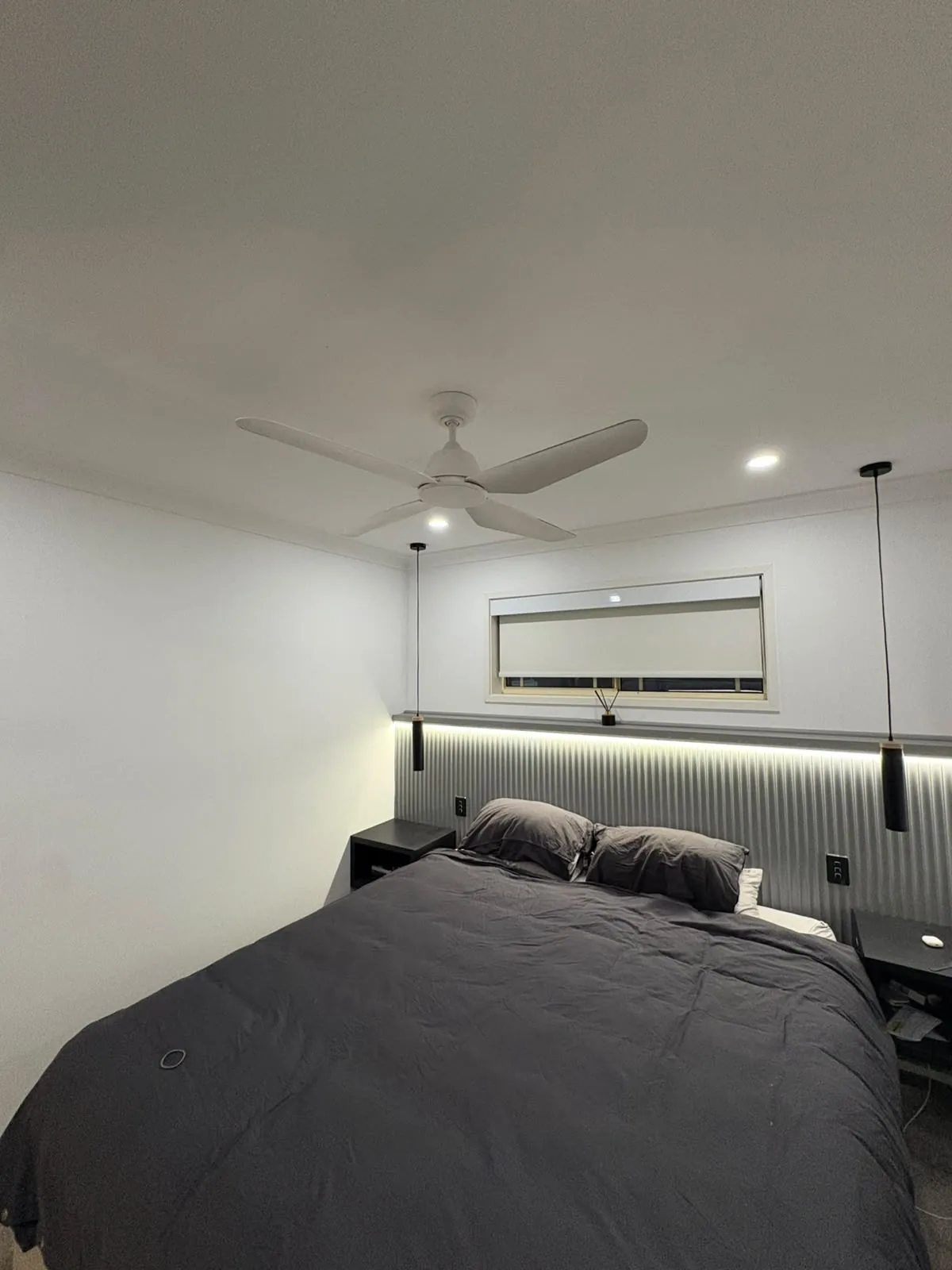 White ceiling fan and bedroom lighting installed by All Set Electrical